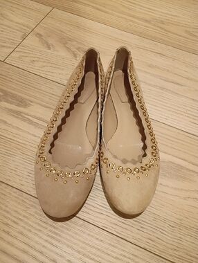 Chloé Scalloped Beige Suede Women's Ballet Flats 37.5